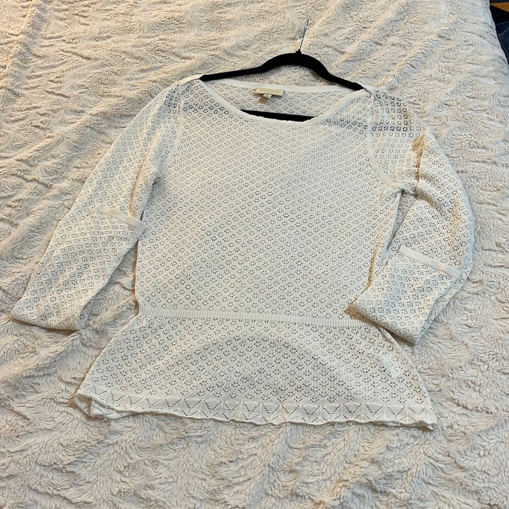 ModCloth • Pointelle  Peplum Waist lLong Sleeve Ivory Top M